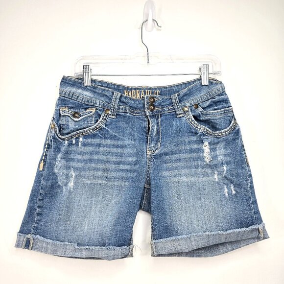 Vintage Hydraulic Thick Stitch Cut Off Flappy POckets Bermuda Denim Jean Shorts - Picture 1 of 8